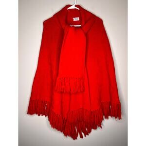 1970s Wintuk Orlon Acrylic Red Christmas Textured Fringe Boho Poncho Scarf OSFA